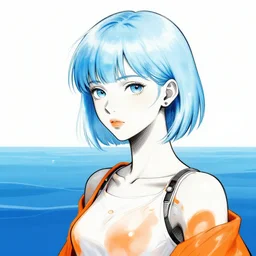 a futuristic girl. chrome, icy blue, ocean, bright oranges, glossy white, and black linework. artstation