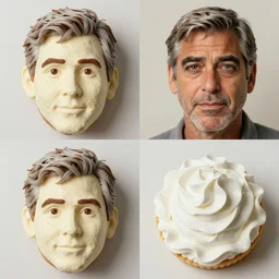 edible george clooney made step by step in separate frames. frame 1 : face is made of cake, frame 2 : hair is made of whipped cream, frame 3 : suit is made of blueberries and strawberries frame 4 : fine details are filled in using sprinkles, from the beautiful'food art collection ', dslr