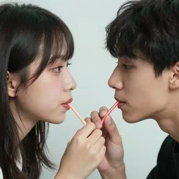 two people. one is drinking out of a straw, from the empty dark eye socket of another person