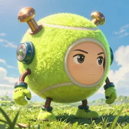 girl tennis ball monster with weapons and uniform, serious, finely detailed, made by wlop, studio ghibli, artgerm, full body portrait, illustration, grass, sunny, sky, anime, side view, perfect anime face, detailed face, zoomed out, smooth,