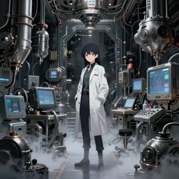 in the dark hightech laboratory full of different advanced metal equipments very high details, volumetric fog, raytracing anime style girl in labcoat, fantastic details, anime art, trending on artstation, pixiv, makoto shinkai key visual kyoto animation studio ghibli tran ross and alphonse mucha and wlop concept art