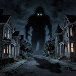 a huge shadow with glowing eyes travels down the street of a victorian town, houses on either side, at night. horror art by greg rutkowski
