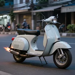 photo of oldtimer vespa racing 1 5 0 ccm tuned in vietnam, cityroad background, night hour, flame spitting exhausts, race style, custom scooter, dslr, 8 5 mm, f / 1. 3