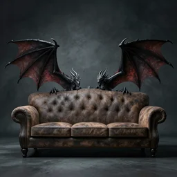 couch with dragon wings coming out from both ends, sinister background. realistic shaded lighting poster