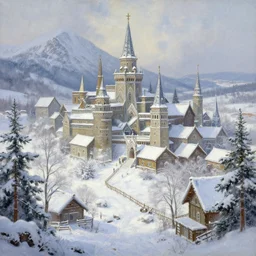ancient nordic city by thomas kinkade, snowy art