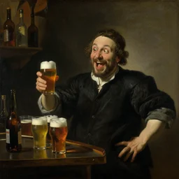 an excited and very drunk man standing behind a bar reviewing different beers, dim lighting, happy, frans hals, rembrandt, oil on canvas