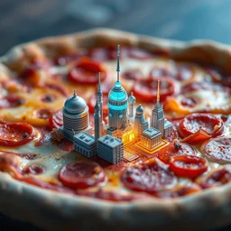 a tiny futuristic city in the centre of a pizza, macro photography, hyperdetailed, high quality, excellent composition, octane render