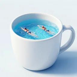 2 women swimmining a giant mug - shaped pool