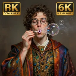 an anthropomorphic beautiful male wizard portrait blowing bubbles wearing colourful robe, round glasses, curly hair, fine art, award winning, intricate, elegant, sharp focus, octane render, hyperrealistic, cinematic lighting, highly detailed, digital painting, 8 k concept art, art by jamie hewlett and z. w. gu, masterpiece, trending on artstation, 8 k