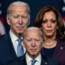 ultra realistic photo of joe biden with kamala harris menacingly standing behind him with glowing red eyes, film, perfect face,