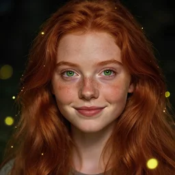 highly detailed portrait of a red haired girl with long hair, green eyes, round face, freckles, softly smiling among fireflies, intricate details, accent lighting, dramatic light, golden ratio, hyper realistic digital art