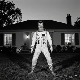 photorealistic wide shot black and white twilight zone style cinematography of a 1 9 8 1 version of healthy david bowie in a cheesy 5 0's space suit acting as a man from outter space in a twilight zone episode that takes place in the sheats goldstein house shot on film by the shining cinematographer john alcott on a cooke panchro 1 8 mm lens.