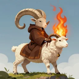 ram horned catholic medieval monk like half-lamb brings fire down from the sky, medieval style, trending on artstation, highly detailed, digital painting, volumetric light, concept art, sharp focus, illustration,  art by greg rutkowski and alphonse mucha