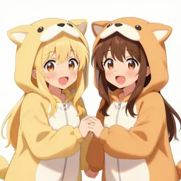 one blonde, one brown haired excited and happy anime girls in animal themed onesies holding hands looking at us, anime illustrated, digital art, cute, detailed faces, well drawn faces, cute faces, hand drawn, in the style of hidehiko sakamura