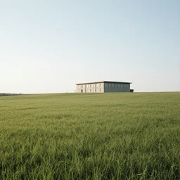 A serene landscape with a singular building in the style of 1 points perspective.