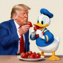 donald trump and real - life donald duck eating strawberries together, painted by rembrandt