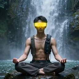 a sage meditates under a waterfall pieces with glowing yelow visor as a realistic scifi cyberpunk, torso, art by james jean and greg rutkowski!!, realistic face, like anime, digital art, concept art, golden ratio, perfect composition, trending on artstation, 8 k