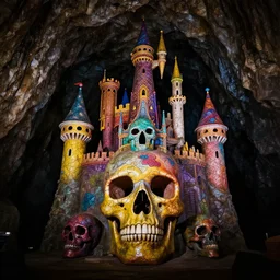 colorful skull castle in a dark cave