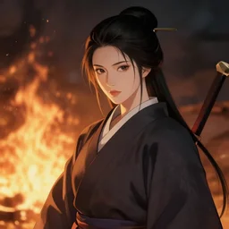 portrait of beatiful female samurai in front of fire in the style of Raymond Swanland, cinematic, artstation