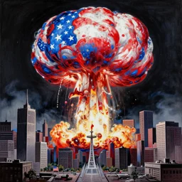 detailed painting of a red, white and blue nuclear explosion in a city on the fourth of july in the style of m. c. escher, junji ito and beeple, patriotic, mushroom cloud, american flag, 8 k resolution, metal shaded