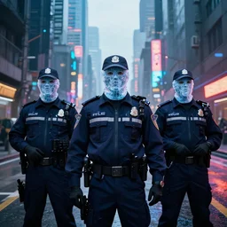 a ice masked three polices on the streets of dystopian megalopolis, digital art, photo-realistic, dramatic colors, 4k