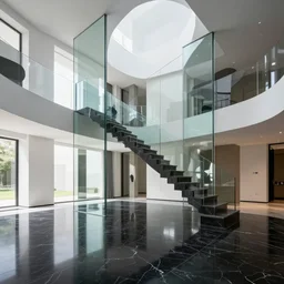 a dreamy modern mansion interior in the style of mc escher, black marble floors, glass mirrors, hyper realistic art, 4 k, hyper realistic, coherent design, symmetrical, vivid colour, trending on art station, in the style of pi - slices, complementary colour, golden ratio, detailed, sharp lines, intricate, rainbow shift, in unreal 3 d engine, ray tracing, octane render
