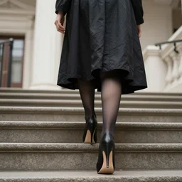 witch walking up stairs wearing high heels, view from below