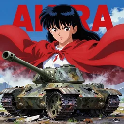 a scene of destroyed tanks and a close up of tetsuo with red cape from akira, vibrant colors and hard shadows and strong rim light, comic cover art, plain background, trending on artstation, in the style of katsuhiro otomo