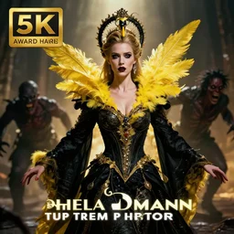 hyperrealistic hot portrait of high detail amber heard as a hive queen in ornate black robe yellow swan feathers as the mistress in fear and disguise being chased by horror. by jeremy mann, fantasy art, photo realistic, dynamic lighting, artstation, poster, volumetric lighting, 4 k, award winning, canon, photo of the year