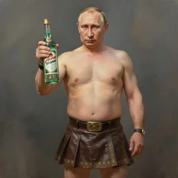 vladimir putin wearing a mini skirt and holding a bottle of arak, cinematic, beautiful digital painting, hyper detailed