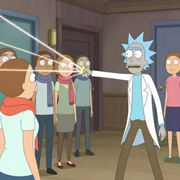 geert wilders as a rick & morty character shooting lasers at scarf - wearing women n 6