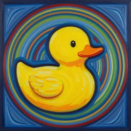 rubber duck painting in the style of frank stella, concentric lines, overlapping lines, very colorful