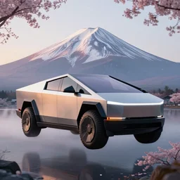 a futuristic dieselpunk tesla cyber truck vehicle hover craft in the future of 2 0 8 9 futuristic version, cyberpunk look. digital art. trending on artstation. cyberpunk look hovering by mount fuji early in the morning with a few blossom trees around, high quality photo