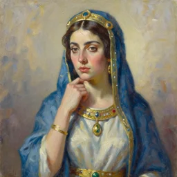 highly detailed palette knife oil painting of a historically accurate depiction of the ancient biblical israeli queen Esther, thoughtful, by Peter Lindbergh, impressionistic brush strokes, painterly brushwork