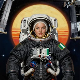 “astronaut on board international space station wearing black space suit and gold helmet, highly detailed, realistic, portrait, nigerian flag patch, symmetrical, photorealistic, proportional, beauty, fish eye lens, nasa, spacex, in the style of Edward hooper oil painting sun rising”