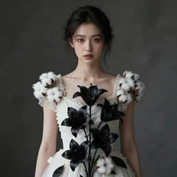 hight focus of a wonderful realistic focused sweet wonderful symmetrical mid portrait of a lonely very beautiful lady, with a majestic cotton dress ornate by a realistic black lilies, image in center, dramatic light, octane render - 8 k