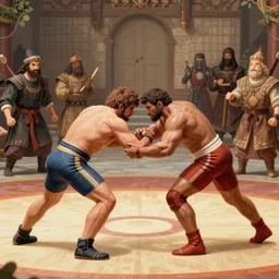 A wrestling match in the medieval ages, highly detailed illustration