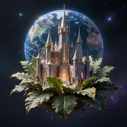 hyper space castle organic flower leaf cosmic futuristic advanced technology, global illumination stellar background concept art hyperrealistic ultra realistic trending on artstation high quality, by paul laffoley