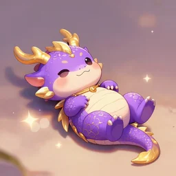 A tiny cute purple and gold dragon lays down on its back, cute dragon looking up relaxing, digital art, artstation