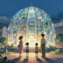 Families playing against a backdrop of a glowing glass sci-fi structure in a pleasant urban setting,  studio ghibli, ultra hd