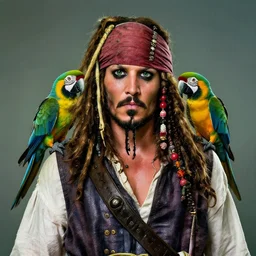 jack sparrow with a parrot on the shoulder, realistic portrait, 8k resolution, hyper detailed, studio lighting, cinematic, sharp