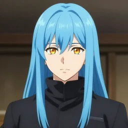 rimuru with sky blue straight hair, bangs,!! amber eyes!! wearing a black jacket, high collar, concept art, award winning photography, digital painting, cinematic, by wlop, anime key visual, wlop, pixiv, 8 k, by ross tran yoshitaka amano, ilya kuvshinov,