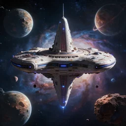 symmetric mothership in space, nebula, planets, asteroids, digital, unreal engine, artstation