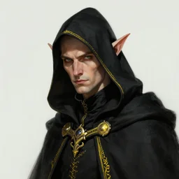portrait of a mysterious and cunning male high elf inquisitorial agent wearing a black hooded agent's cloak with yellow embroidery, by Raymond Swanland Greg Rutkowski Lise Deharm, intricate, masterpiece, sharp, digital art, full head, ArtStation, CGStation, 8k