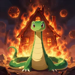digital art view of the groudon the serpent standing in front of burning house looking at camera celebi asteroid _ ill