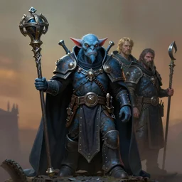 full character potrait of genetic combination between anvil & goblin, holding a ceremonial staff, wearing a cloak, zdzislaw beksinski, lewis jones, dariusz zawadzki, wayne barlow, warhammer fantasy, cold hue's, warm tone gradient background, concept art, 4 k, ultra - high - definition