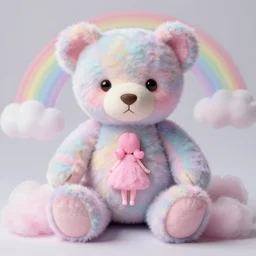 a fuzzy teddy bear painted by Mike Winkelmann, fluffy clouds, pink girl, cotton candy, dreamy soft, rainbow