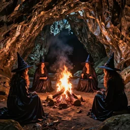 a witches coven around a fire in a cave