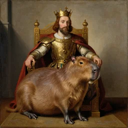 A portrait of a humanoid capybara depicted as a medieval king on a throne, renaissance oil painting by Salvador Dali