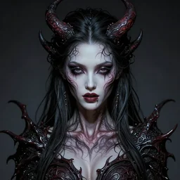 beautiful female entity fused with poltergeist demon, soulless, seducing expression, few elegant ornate wire pattern, portrait, intricate details, violent and vicious appearance, scifi, space horror, by vincent di fate, artgerm, julie bell, beeple and Greg Rutkowski, 90s, concept, Smooth gradients, octane render, 8k, High contrast, duo tone, depth of field, very coherent symmetrical artwork